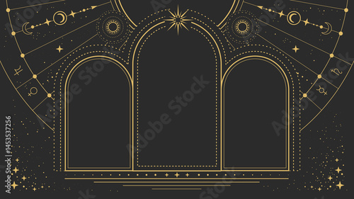 Modern magic witchcraft  astrology arch frame with stars, sun and moon on black background. Line art occult vector illustration