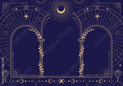 Modern magic witchcraft astrology arch frame with moon phases, arch, columns, flowers, stars, sun and moon. Line art occult vector illustration