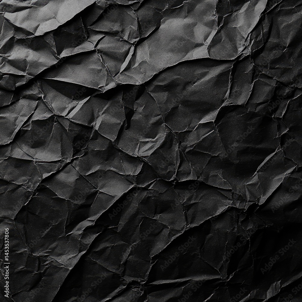 Close-up crumpled black paper texture, showcasing deep folds and creases. Dark, intricate patterns create a rich visual Close-up crumpled black paper texture, showcasing deep folds and creases. Dark, intricate patterns create a rich visual