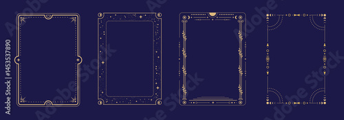Set of modern magic witchcraft astrology frames with stars, sun and moon on blue background. Line art occult vector illustration