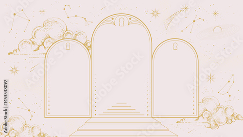 Modern magic witchcraft  astrology arch frame with stars, comets, clouds and constellations on white background. Line art occult vector illustration