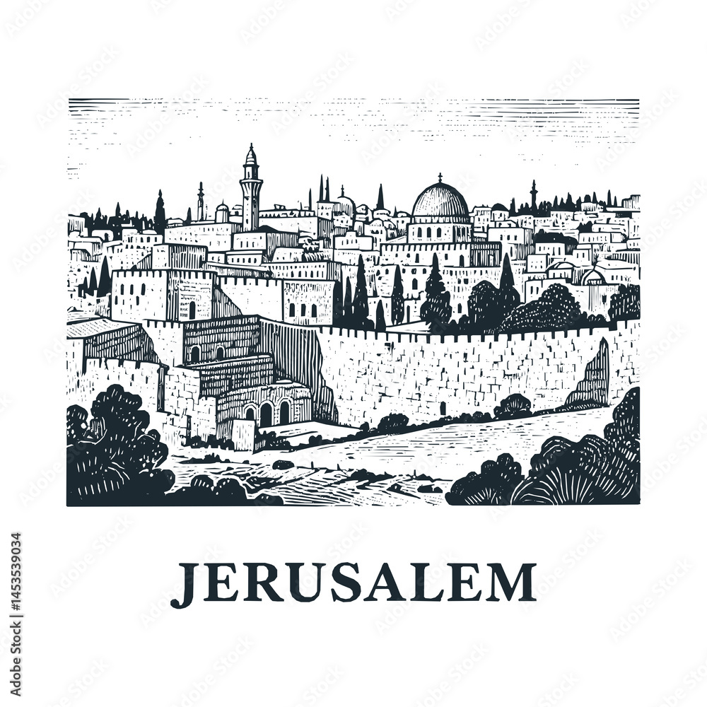 Fototapeta premium Jerusalem Old City Travel engraved black white illustration