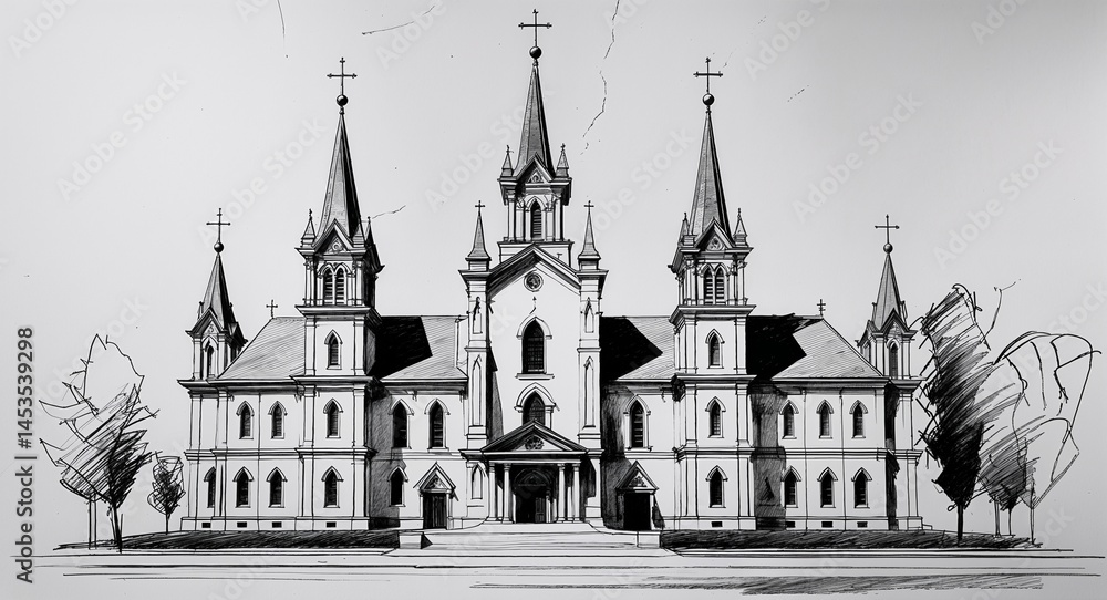 Fototapeta premium Majestic multi spire Church building design in sketch hand drawing black and white on plain white background