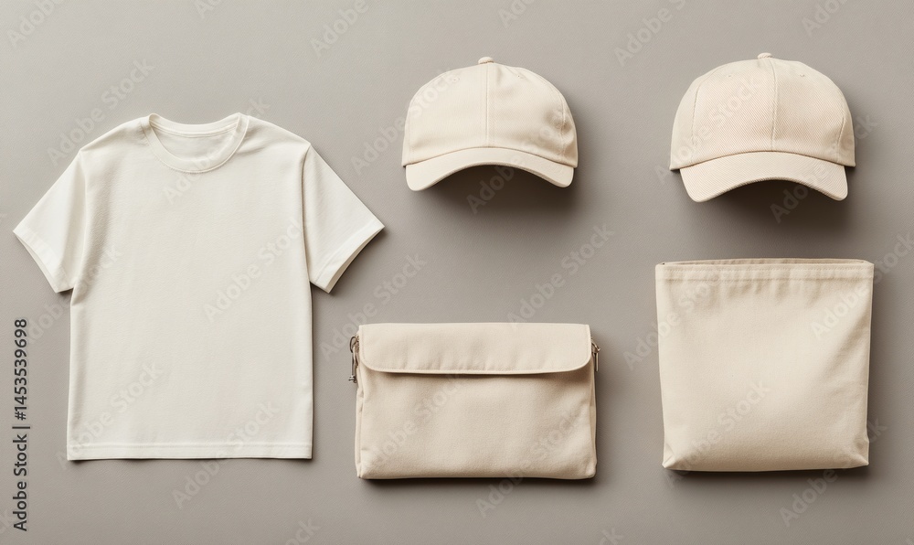 Blank apparel mockup set with t-shirt, cap, tote bag, and pouch on neutral background for branding and product display