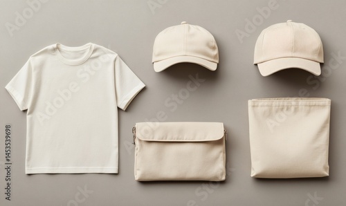 Blank apparel mockup set with t-shirt, cap, tote bag, and pouch on neutral background for branding and product display

