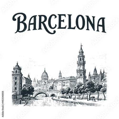 Barcelona old city engraved black white illustration