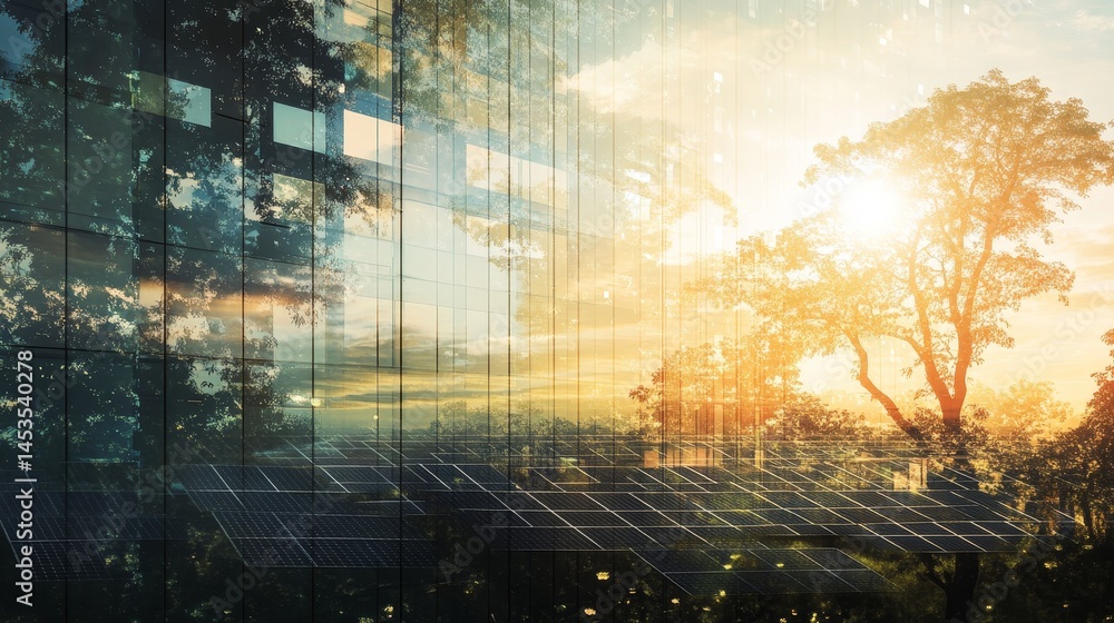 double exposure of solar panels overlaid with a sunlit natural landscape, representing the harmony between technology and the environmen double exposure of solar panels overlaid with a sunlit natural landscape, representing the harmony between technology and the environmen