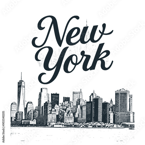 New york skyline engraved black white illustration.