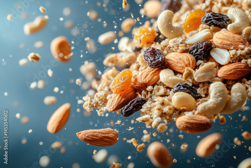 Nuts and raisins in mid-air.