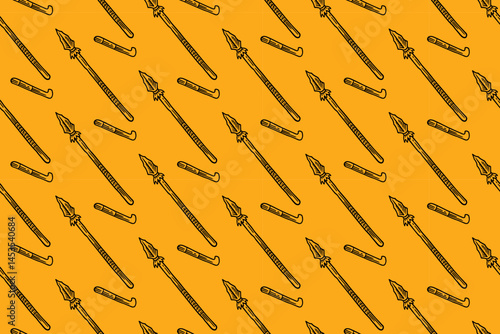spear and thrower weapon doodle seamless pattern on yellow background for hunting merchandise. rustic spear engraving pattern background for adventure. retro spear hatching illustration wallpaper