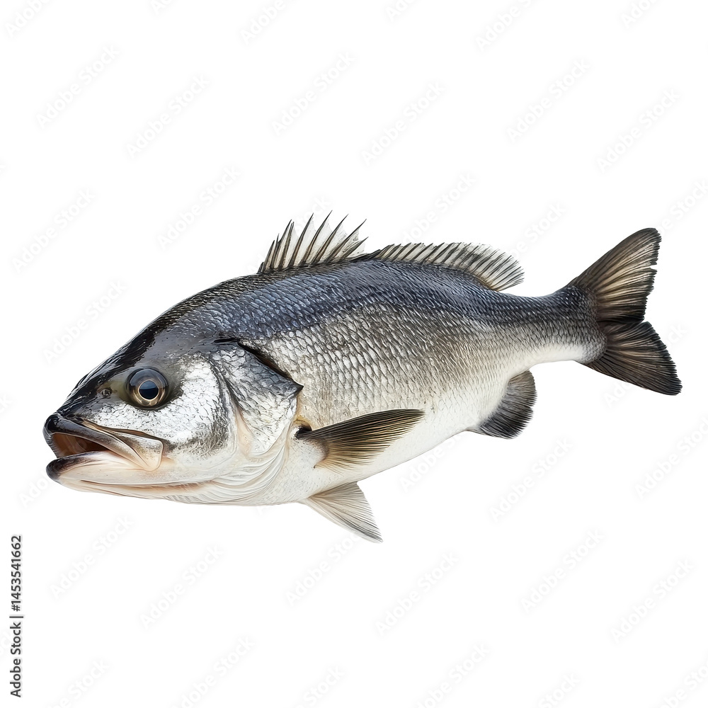 Fresh sea bass fish displayed on a clean white background for culinary presentation and seafood marketing, Fresh sea bass fish isolated on white background Fresh sea bass fish displayed on a clean white background for culinary presentation and seafood marketing, Fresh sea bass fish isolated on white background