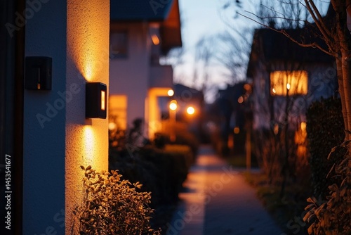 Path illuminated by warm street lights with houses and trees during the evening twilight