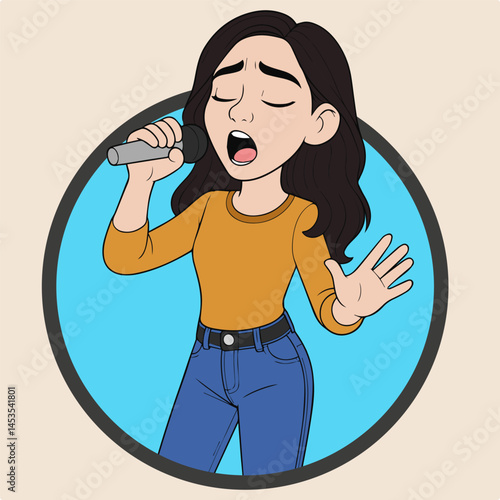 Cartoon Woman Singing Passionately with Microphone