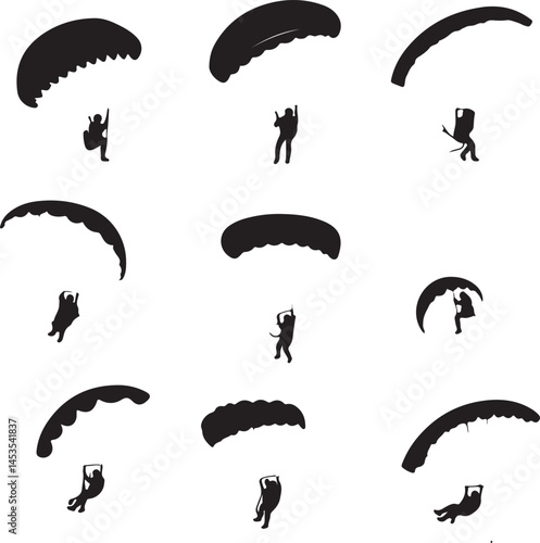 Silhouette Paragliding Vector Art: Black and White Illustration of Paragliders in Various Poses Against a White Background for Graphic Design Use