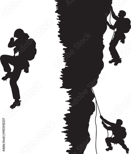 Silhouette Illustration of Rock Climbers Scaling a Cliff Face: Extreme Sport, Adventure, Outdoor Recreation, Vector Graphic Art