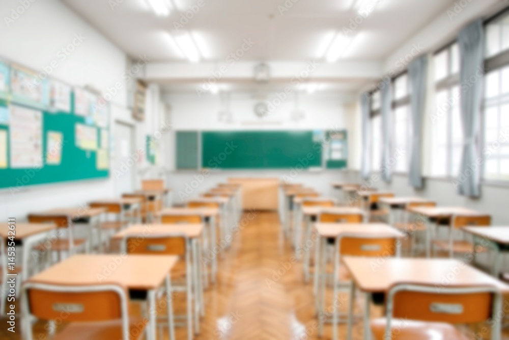 机と椅子が整然と並んだ奥に黒板がある小学校や中学校のボヤけた教室 机と椅子が整然と並んだ奥に黒板がある小学校や中学校のボヤけた教室