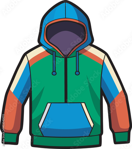 A detailed vector art illustration of a classic hooded sweatshirt, showcasing clean lines, vibrant colors, and modern, stylish design elements.