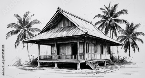 Traditional Filipino bahay kubo house building design in sketch hand drawing black and white on plain white background