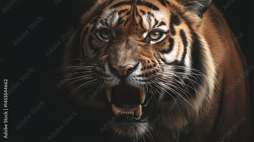 Fototapeta premium Fierce close-up of a roaring tiger showcasing its powerful features against a dark backdrop