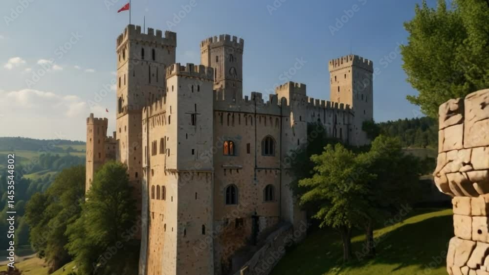 medieval-style stone castle set against a lush, green landscape under a clear blue sky medieval-style stone castle set against a lush, green landscape under a clear blue sky