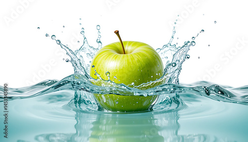 Fresh Green Apple Splashing Into Water On White Background
