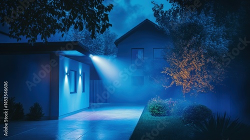 A night-time scene with security lights activated by motion sensors around a house.