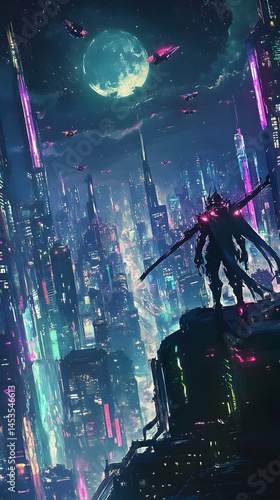 4K phone cyberpunk style wallpaper of a heroic figure standing on top a futuristic city skyline at night