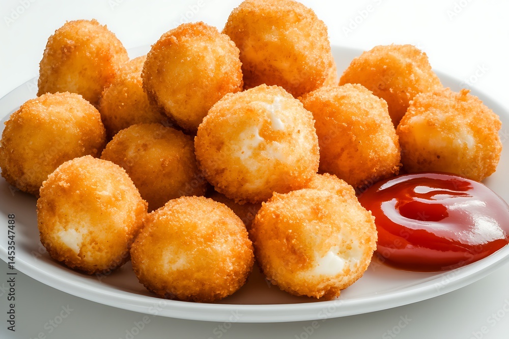 Golden fried mozzarella balls sit next to a pool of ketchup on a white plate Golden fried mozzarella balls sit next to a pool of ketchup on a white plate