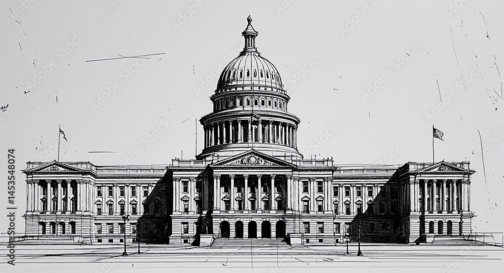 Fototapeta premium Grand government capitol building design in sketch hand drawing black and white on plain white background