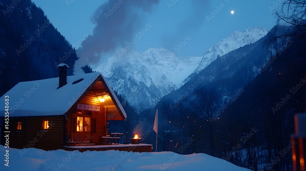 Fototapeta premium Cozy Wooden Cabin in Snowy Mountains at Night Illuminated with Warm Lights