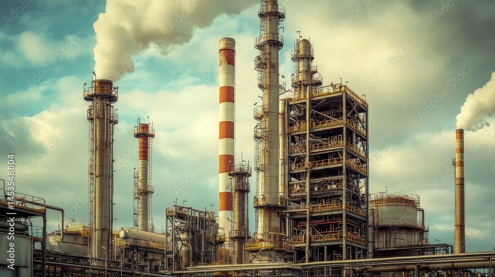 Obraz premium industrial view of an oil refinery plant in an industry zone, towering smokestacks and pipelines under a cloudy sky