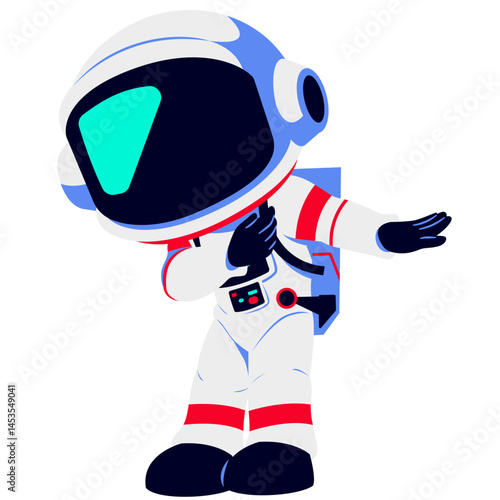 A cartoon astronaut in a white suit with red stripes, bowing respectfully with one hand on the chest. The blue visor adds a futuristic touch, symbolizing honor and thoughtfulness in space.