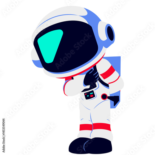 A cartoon astronaut in a white suit with red stripes, bowing respectfully with one hand on the chest. The blue visor adds a futuristic touch, symbolizing honor and thoughtfulness in space.