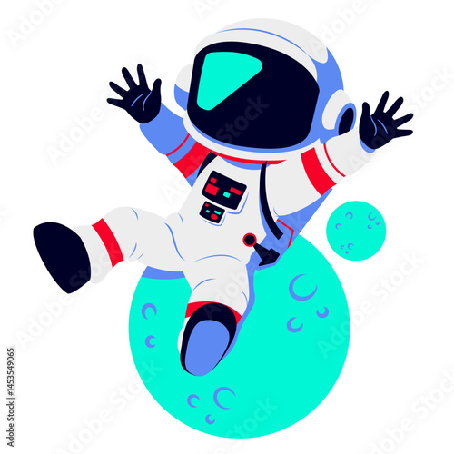 A cartoon astronaut sitting on a cratered blue planet, floating in space with arms raised playfully. The white suit and red accents add a futuristic touch of cosmic adventure.