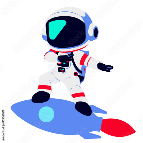 A cartoon astronaut riding a blue rocket with a red flame, symbolizing speed and adventure. The white spacesuit with red accents and dark visor adds a futuristic touch.