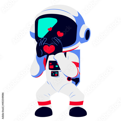 A cartoon astronaut holding a red heart close to the helmet, with a reflective visor. The character’s affectionate gesture symbolizes love and warmth in a futuristic space setting.