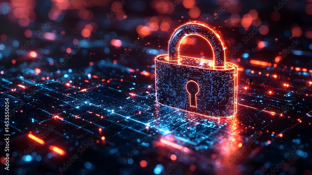 Glowing digital padlock icon symbolizing cybersecurity Glowing digital padlock icon symbolizing cybersecurity
