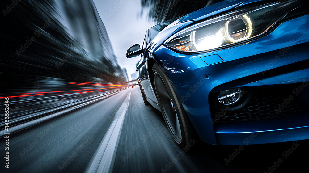 Dynamic close-up of a blue car speeding through a city street with blurred background Dynamic close-up of a blue car speeding through a city street with blurred background