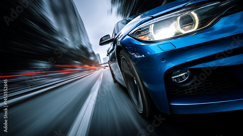 Dynamic close-up of a blue car speeding through a city street with blurred background