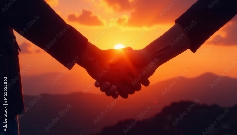 Fototapeta premium Sunset silhouettes of two hands clasped together atop a contract, prosperity, collaboration, contract