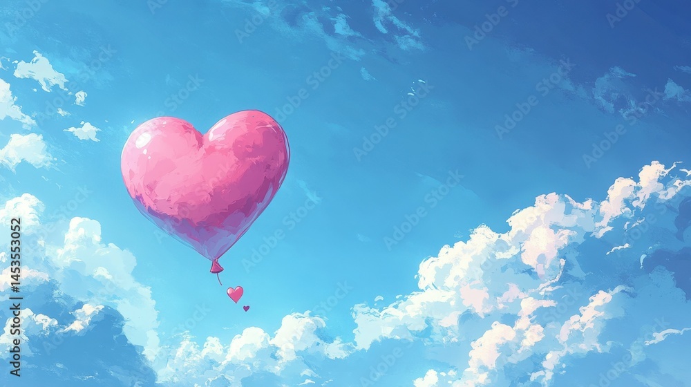 Obraz premium Heart-shaped balloon floating in a blue sky with clouds, symbolizing love and romance