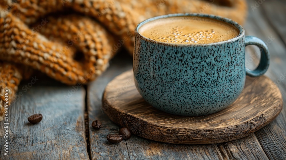 Cozy Coffee Break with Blue Cup and Warm Scarf on Wood Cozy Coffee Break with Blue Cup and Warm Scarf on Wood