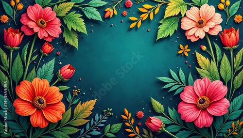 Bold floral tapestry, lush greenery, vibrant colors, vibrant, pattern