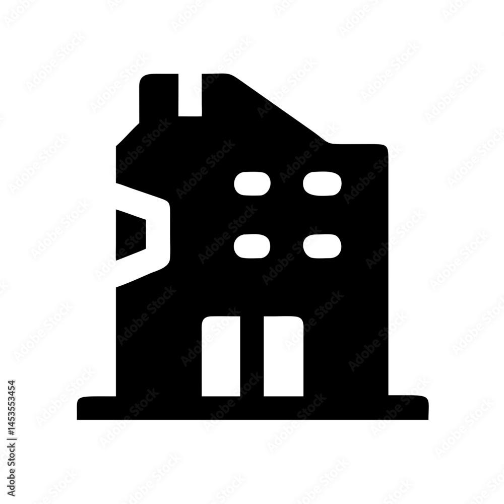 Icon of a damaged building to signify destruction or disrepair Icon of a damaged building to signify destruction or disrepair