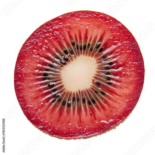 Bright red kiwi slice on clean Transparent background showcasing vibrant colors and natural textures, Slice of red kiwi on PNG background
