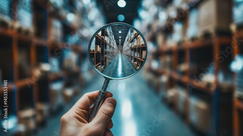 Detailed Inspection Hand Holding Magnifying Glass Reveals Warehouse Aisle Industrial Logistics Inventory Management Concept