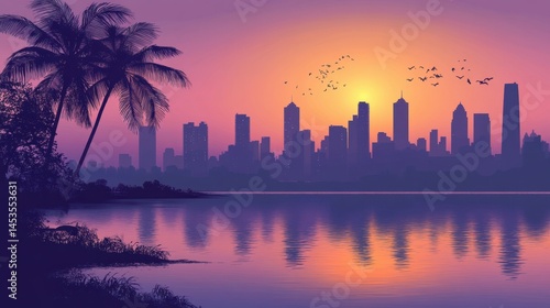Mumbai city skyline silhouette with waterfront reflections at dawn for commercial use