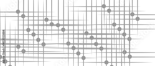Abstract minimalist geometric pattern with thin grey lines and small grey circular nodes. Digital grid network design on a clean white background. Ideal for digital UI, infographics, or tech