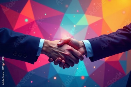 Two hands shaking, vibrant geometric backdrop, geometric, finance
