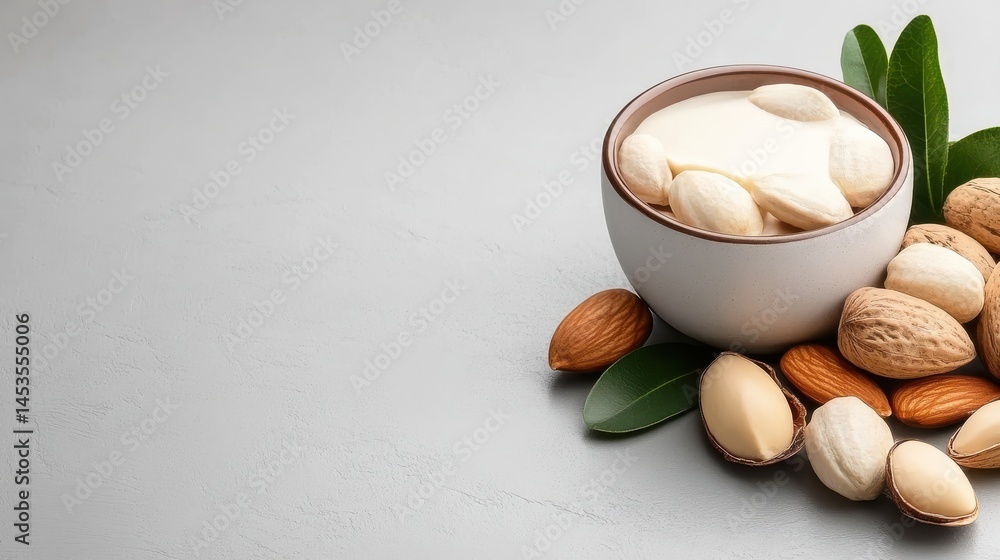Fresh Almonds in a Bowl Surrounded by Green Leaves for Healthy Snack Fresh Almonds in a Bowl Surrounded by Green Leaves for Healthy Snack